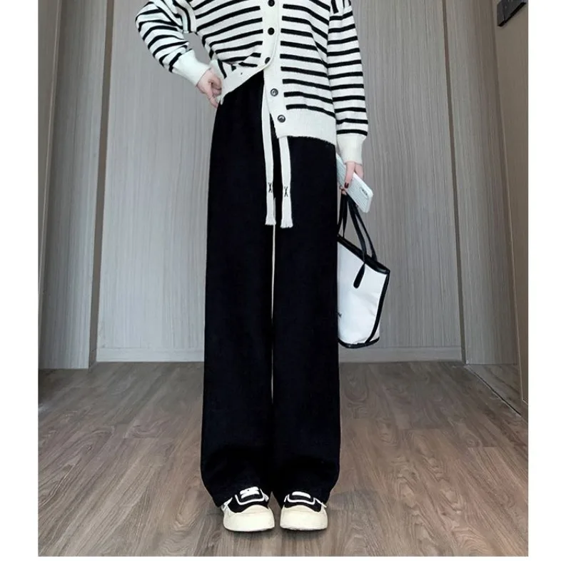 Women's Autumn Winter High Waisted Solid Elastic Flocking Drawstring Loose Casual Wide Leg Trousers Fashion Office Lady Pants