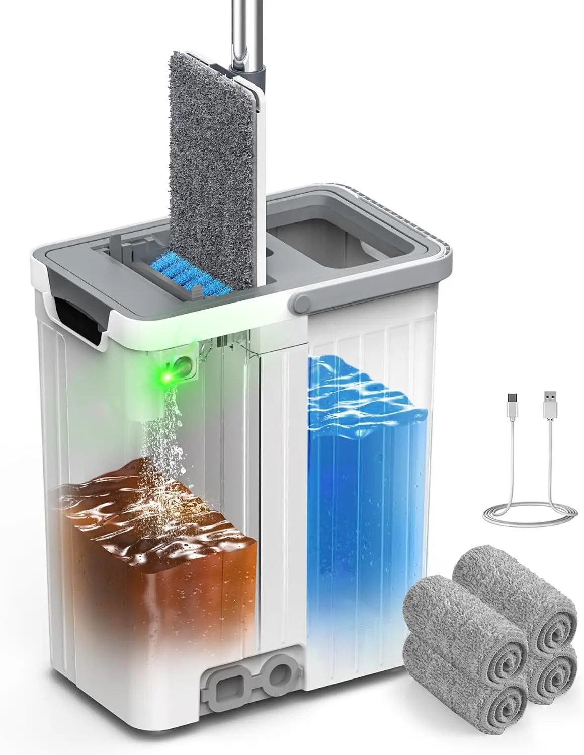 

Auto Pump Mop Bucket Set with 3-Zone Water Separation, Wringer, Wheels and Microfiber Pads for Home Cleaning