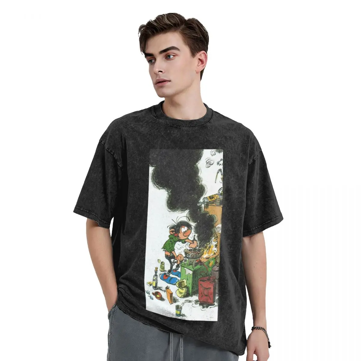 Gaston Lagaffe Washed T Shirts Printed Short Sleeve Hip Hop T-Shirt Streetwear Tops Tees for Men Women