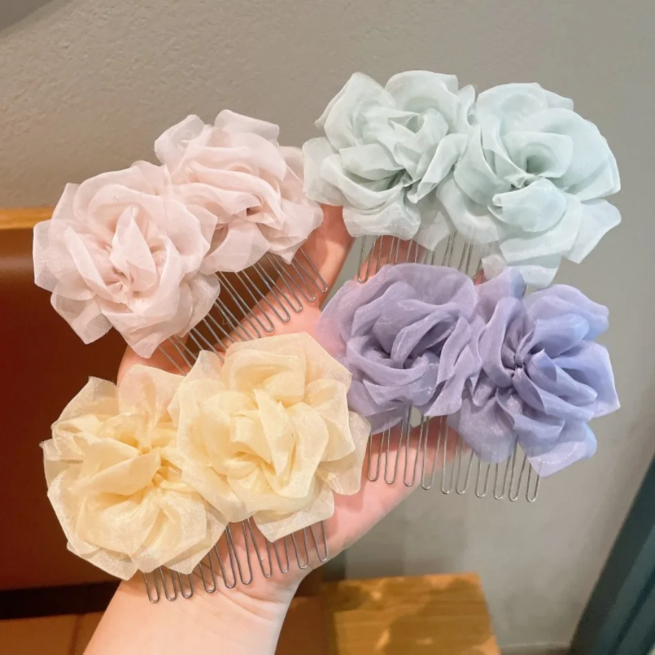 Girls Fairy Mesh Yarn Flower Hair Comb Insert Comb Lady Women Beautiful Wedding Side Hairpin Back Head Clip High-end Hair ZX07