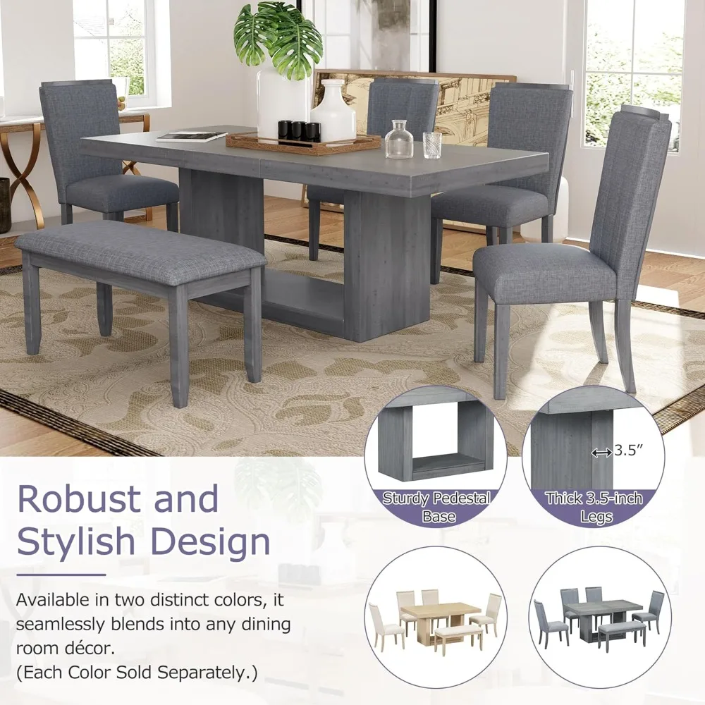 78 Inch Extendable Dining Table Set with 18inch Removable Leaf, Wood 6-Piece Dining Table Set with 4 Upholstered Dining Chairs