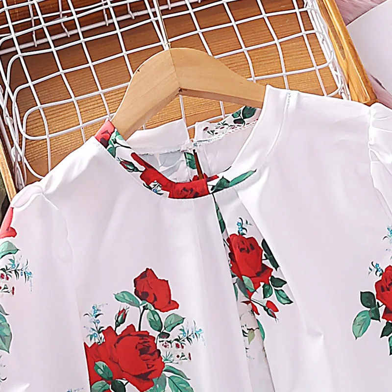 Kids Casual Clothing Sets Outfits for Girls 2024 Spring Autumn New Fashion Children Red Rose Floral Print Tops Long Pant 7-14Y
