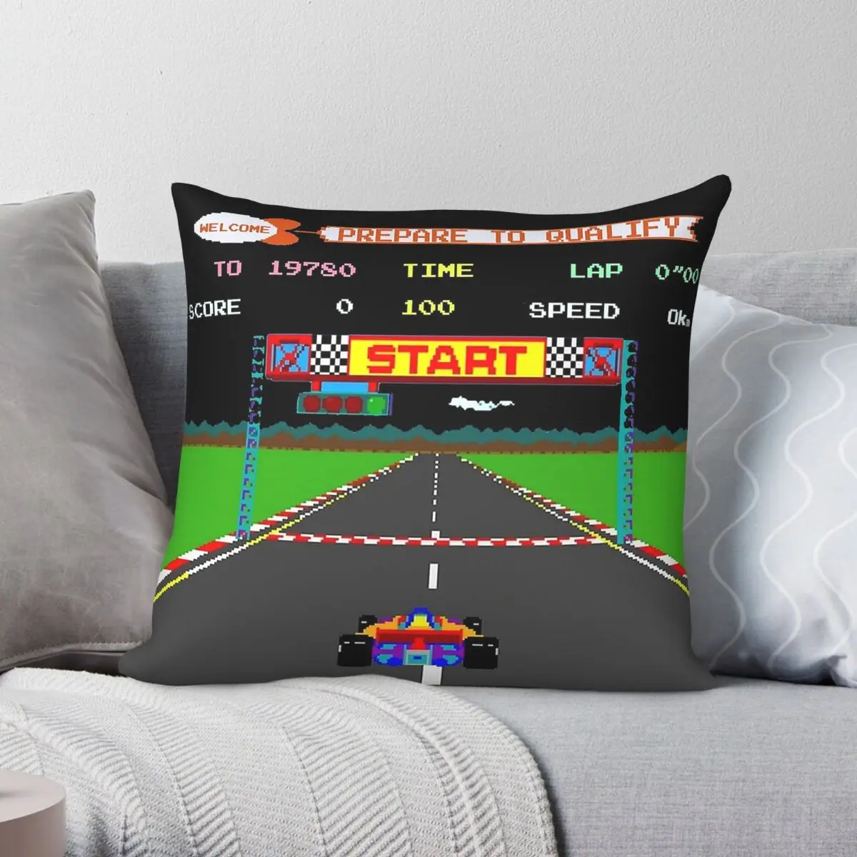 Pole Position Retro Gaming Square Pillowcase Polyester Linen Velvet Printed Zip Decorative Home Cushion Cover