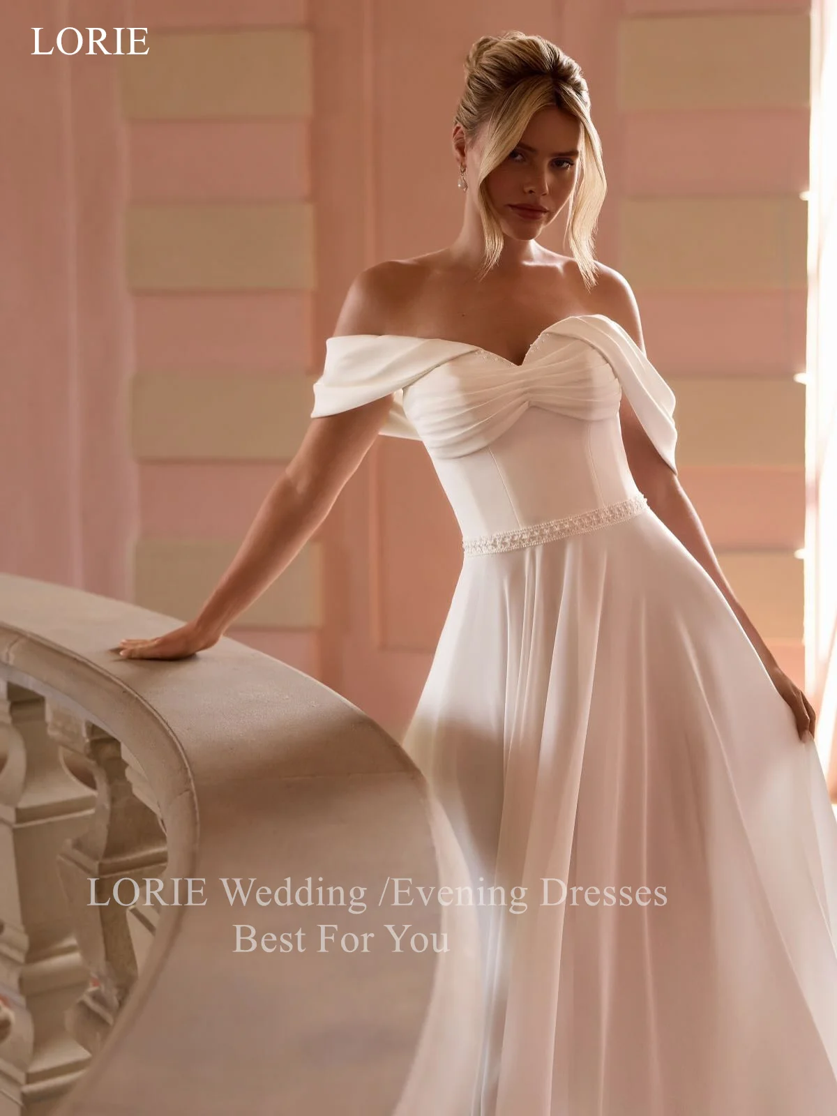 LORIE Elegante Brautkleider aus Chiffon, rückenfrei, schulterfrei, Braut-Abschlussballkleid, A-Linie, plissierte Brautkleider, individuell gestaltet