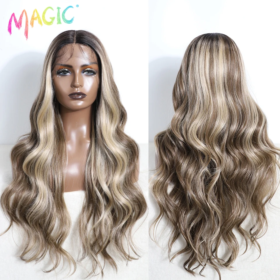 

Волшебные синтетические парики фронта шнурка для женщин Длинные волнистые 30-дюймовые объемные волнистые длинные Т-образные парики шнурка Ombre Blonde Ginger Косплей Парик шнурка