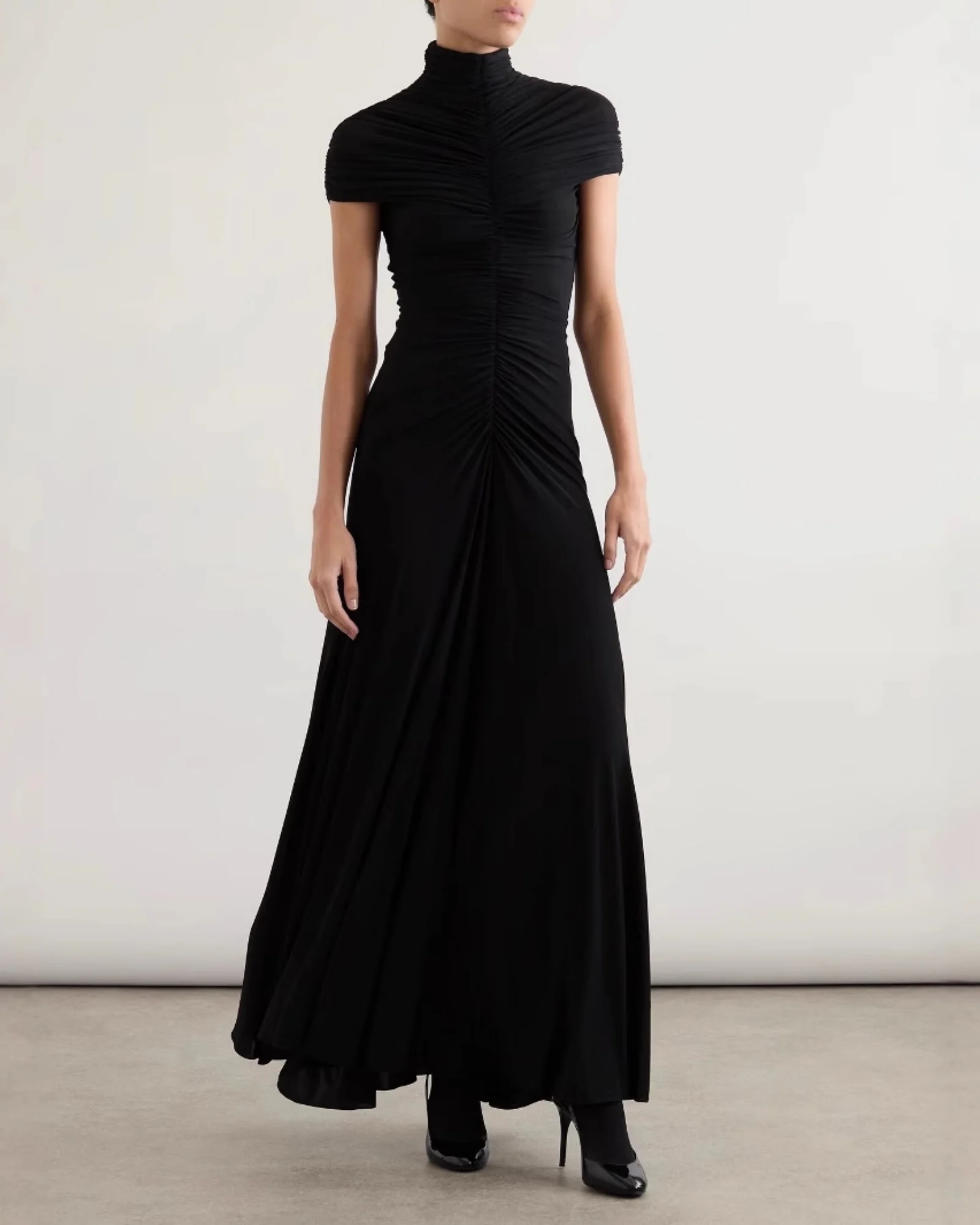 

LUCYSHIHATTU женское шикарное коктейльное платье с высоким воротом без рукавов и рюшами с высокой талией, банкетные платья, милые длинные платья