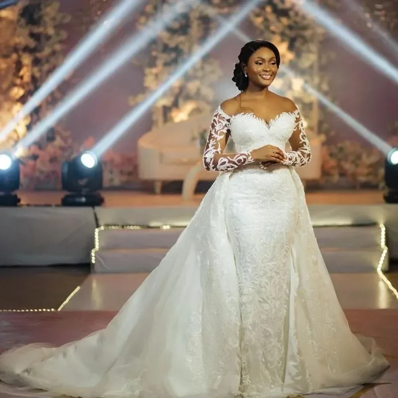 Abito da sposa Aso Ebi personalizzato taglie forti Treno staccabile Illusione Sirena Collo trasparente Maniche lunghe Abiti da sposa in tulle di pizzo