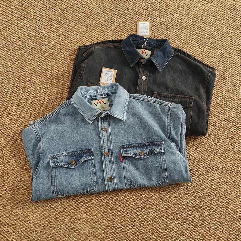 2025 Spring Retro Heavyweight Denim Cargo Shirt Double Pocket Men's 100% Cotton Washed Casual Thin Jacket Simple American Style