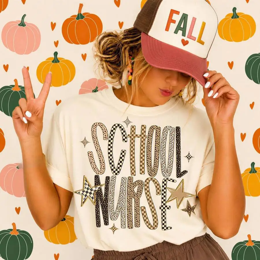 Women Trendy School Nurse Checkered Leopard Star Crewneck Short Sleeve T Shirt Fall Beach Vacation Retro Casual 1 Piece Everyday Wear Top