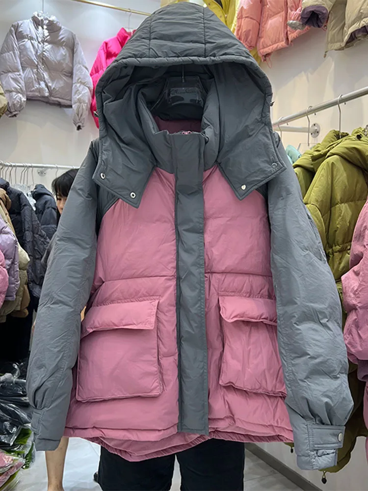 2023 Winter European Station New Down Jacket Female Contrast Color Splicing Large Pocket Fashion Design Sense Of Thick Lady Coat