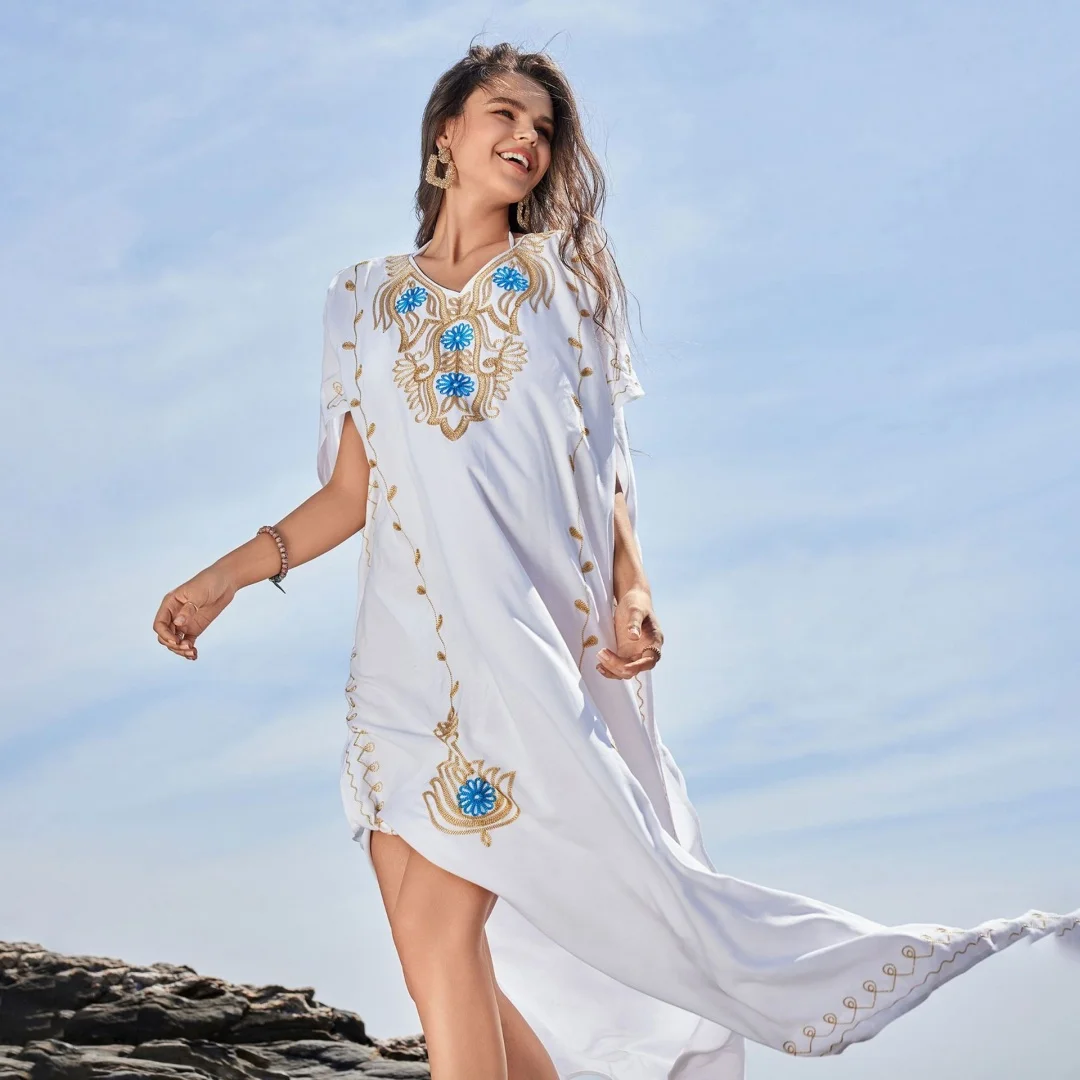 Women's White Kaftan Dress Beach V-Neck Embroidered Boho Beach Cover-Up Maxi Sundress