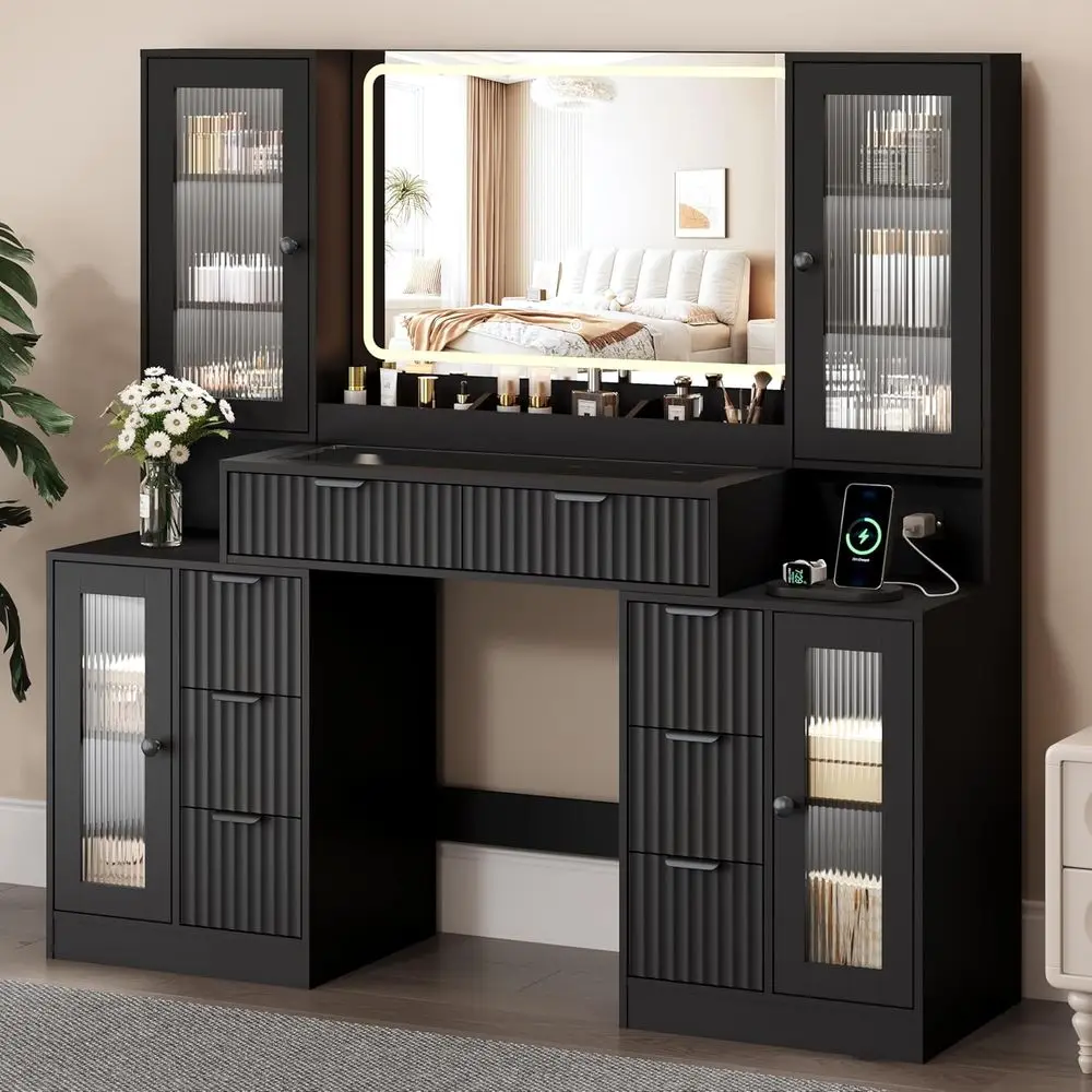 55 LED-lit Vanity Desk with 3-Color Mirror, 8 Drawers & 4 Cabinets, Tempered Glass, Charging Station - Matte Black