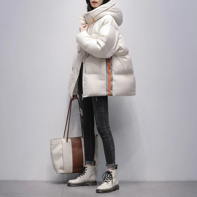 2023 Women Winter New Fashion White Duck Down Jackets Female Loose Solid Color Overcoats Ladies Thicken Warm Hooded Coats