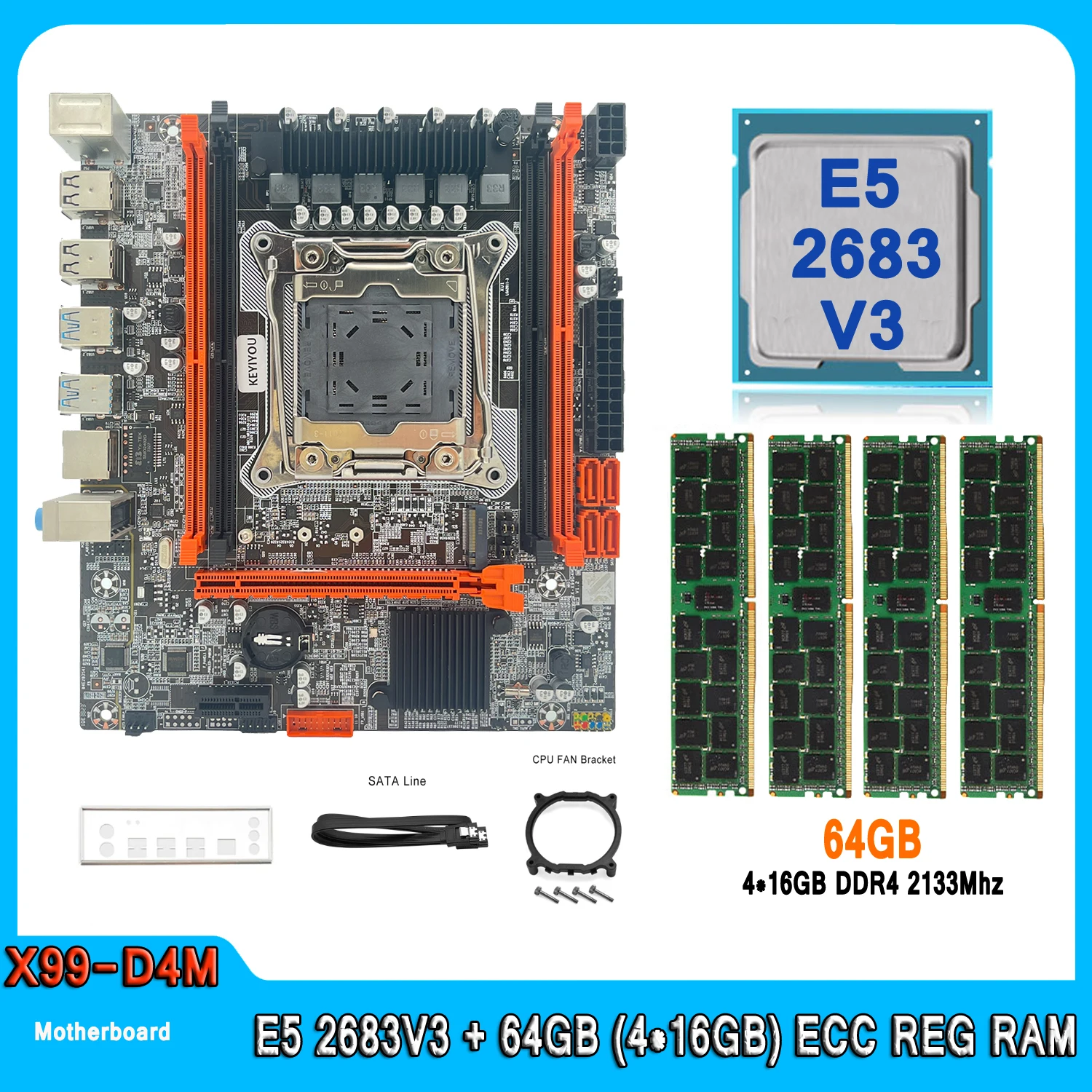 X99 Motherboard With Combo Kit Set XEON E5 2683 V3 64GB 2133MHz 64GB (4pcs*16GB) DDR4 REG ECC Memory USB3.0 2683V3 Motherboard