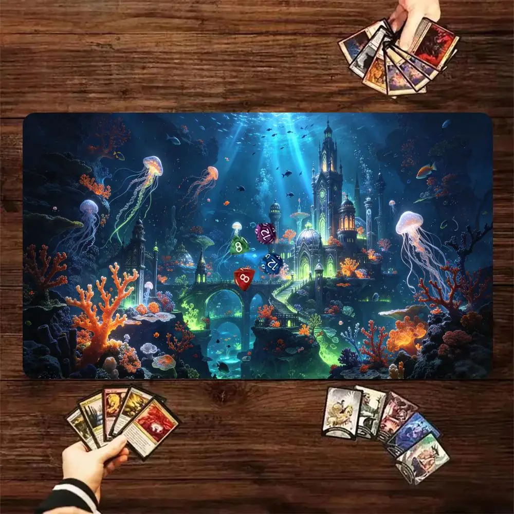 Ocean Underwater City Jellyfish Coral Scene Playmat Non Slip Rubber Table Mat for Tabletop RPG Card Game Large Mouse pad