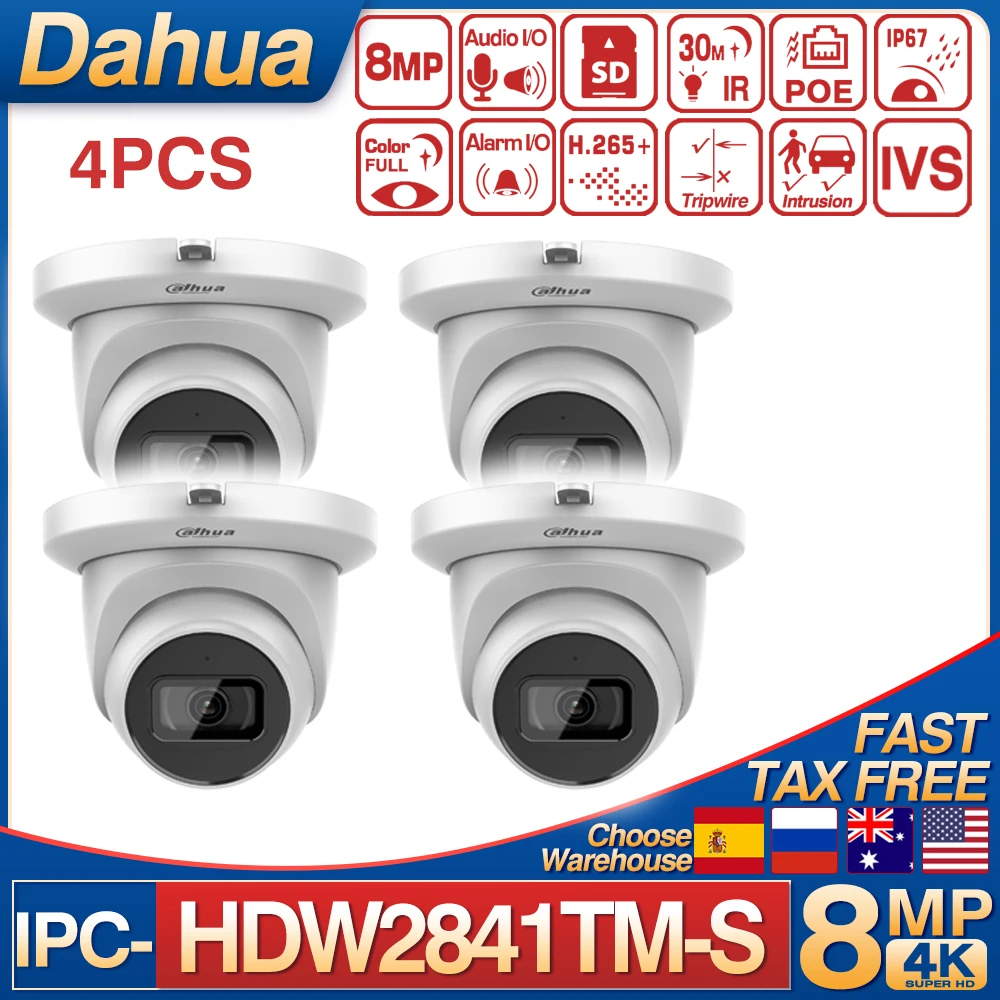 4PCS Original Dahua IPC-HDW2841TM-S 8MP IR Fixed-focal Eyeball WizSense IP Camera Built-in MIC Motion Detection Network Camera