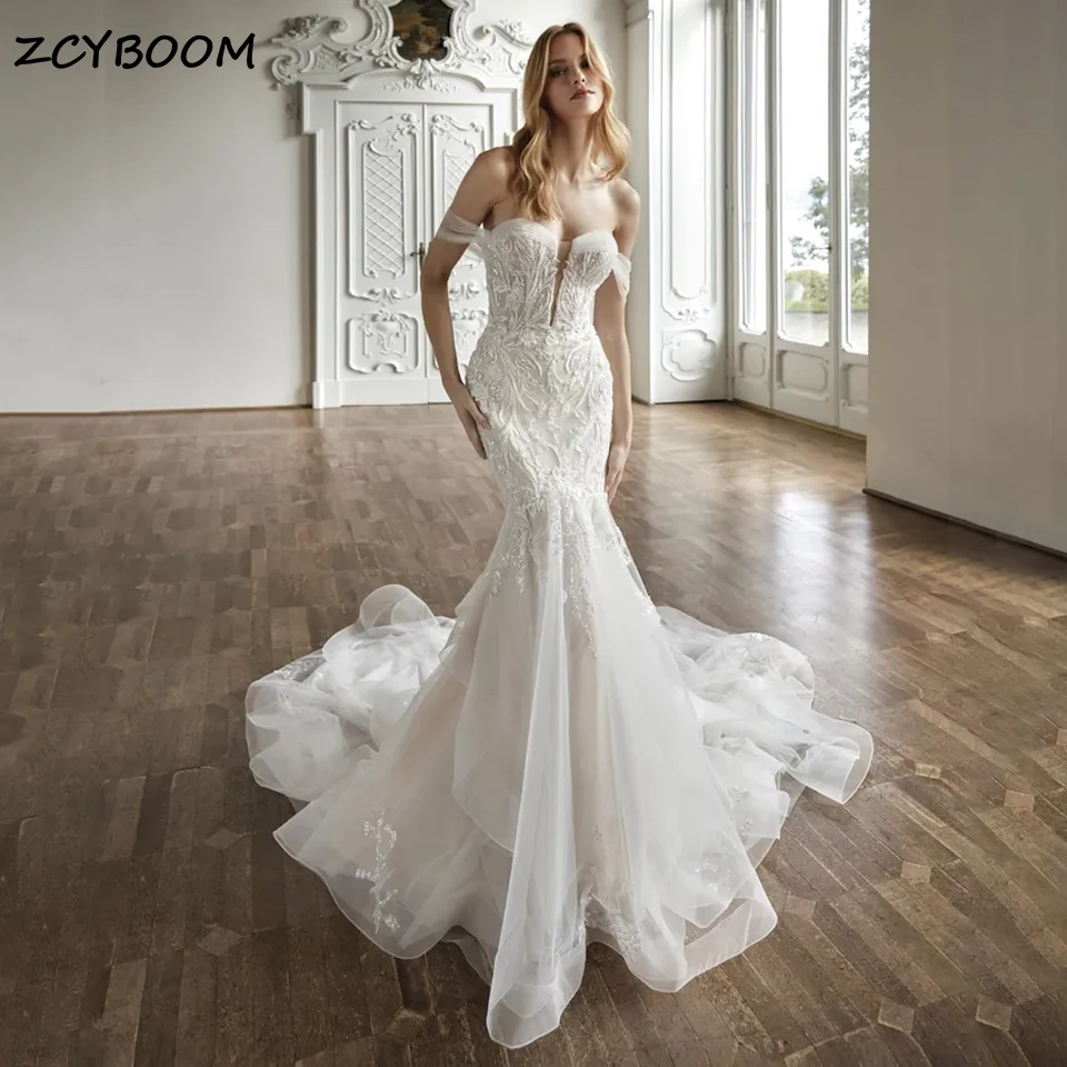 ที่กําหนดเองElegant Lace Appliquesชุดเดรสเมอร์เมด 2024 SweetheartเปิดกลับSleevelss Beachเจ้าสาวGowns Vestido De Novia