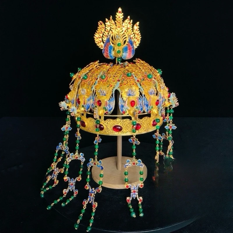 Nine filigree inlaid cloisonne embellished antique ornaments collectibles crown phoenix crown