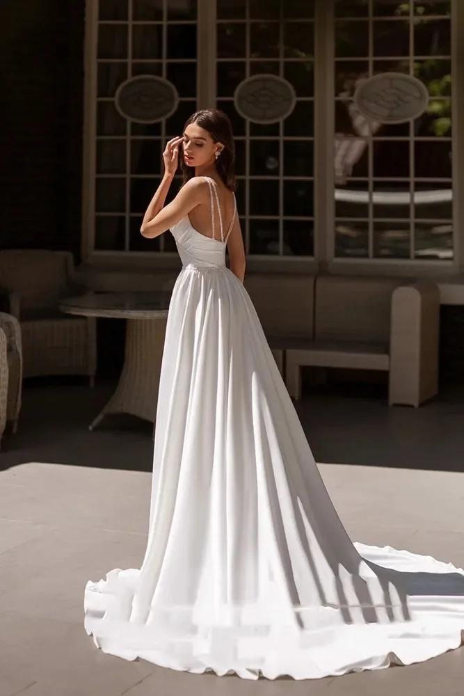 Customized A-line Satin Wedding Dresses Sweetheart Vestido  Sleeveless Bridal Dress Simple Long Bride Gown Robe De Mairee ﻿