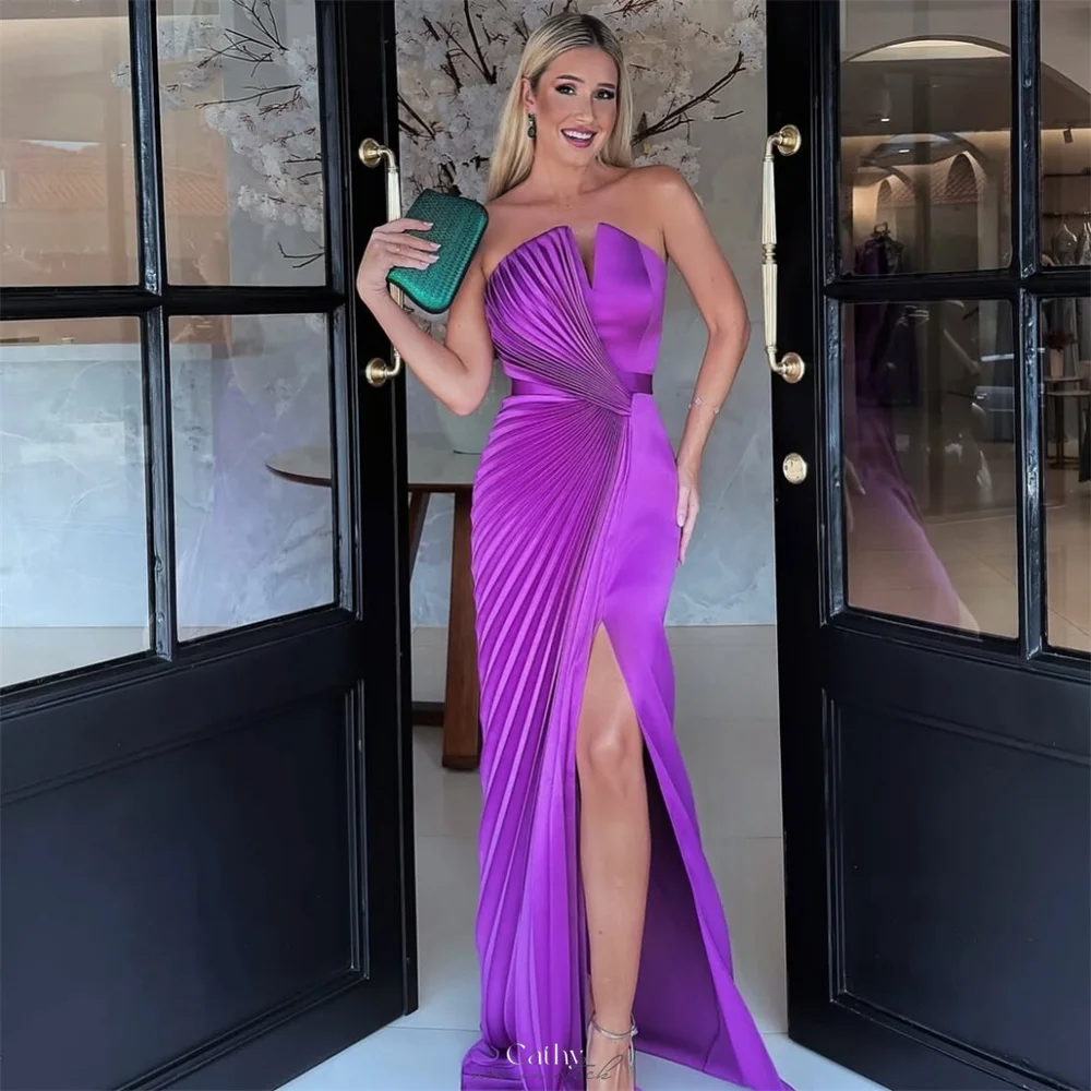 

Cathy Customized Purple Strapless Pleated Prom Dress Side Split Sleeveless vestidos de noiva Sheath Floor-Length Formal Evening