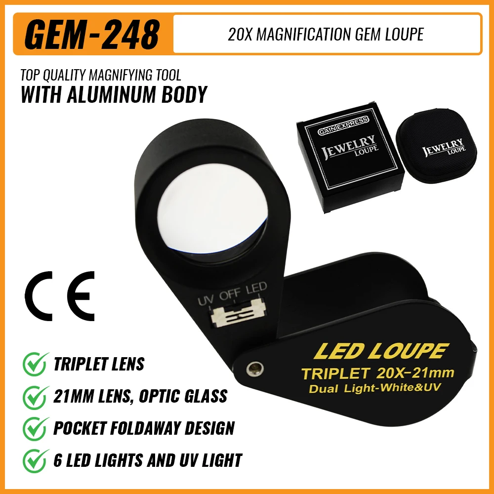 20x Jewelry Loupe 21mm Dual Light White and UV Black Frame Triplet Lens Optical Glass Magnifier for Hobbyist Coin Collector