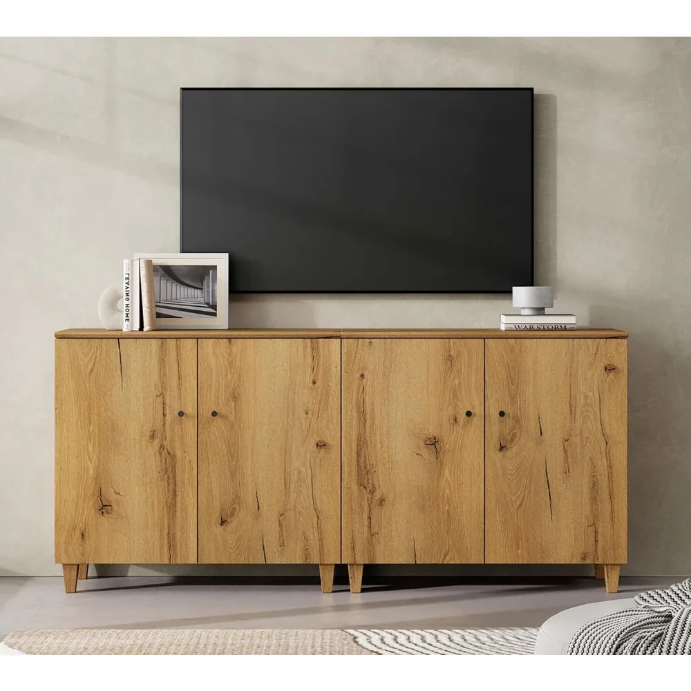 TV Stand Cabinets for TVs up to 75 Inches, 2-in-1 Wood Entertainment Center with Doors and 6 Compartments, 70.8