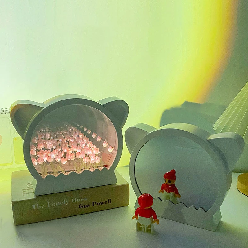 Veilleuse en Forme de Tête de Chat, Tulipe, Fleur, Miroir de Mer, Pack de Matériel, Lampe de Chambre, Petite Amie, Anniversaire Créatif, DIY