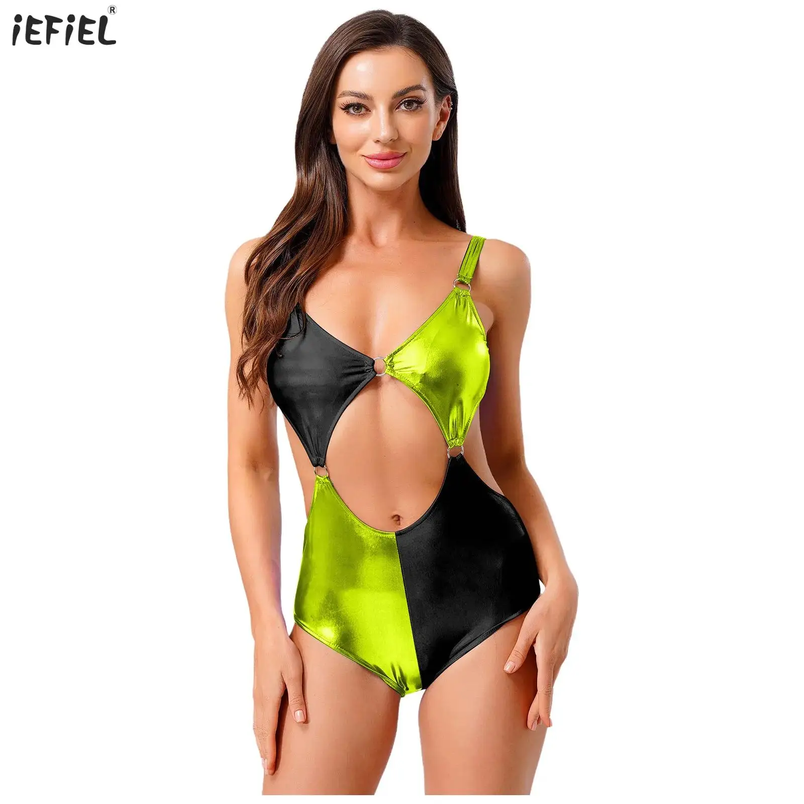 

Womens One Piece Bodysuits Swimsuit Fashion Metallic Shiny Sexy Cut Out Contrast Color Swimwear Holiday Beachwear Bathing Suit