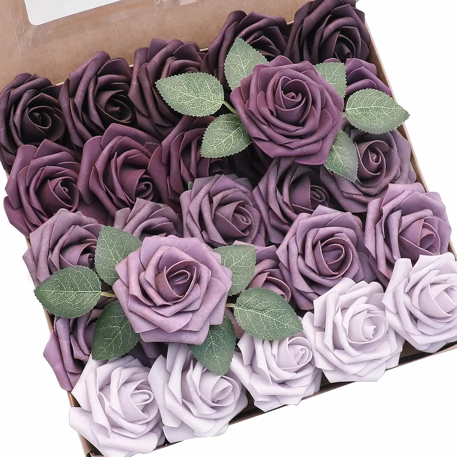 

Artificial Flowers 25pcs Real Looking Plum Ombre Colors Foam Fake Roses with Stems for DIY Wedding Bouquets Bridal Shower