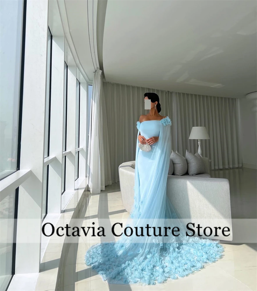 Aangepaste blauwe avondjurk ruches formele gelegenheid jurk 3D bloemen gesmokt enkellange chiffon Saudi galajurken