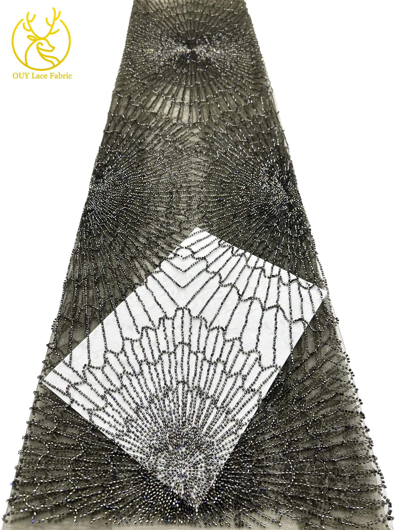 Luxuriöser afrikanischer, stark perlenbesetzter Spitzenstoff, goldene nigerianische Perlen-Spitze, französischer Tüll-Spitzenstoff für Brautkleider und Hochzeitskleider zum Nähen – Detail 29