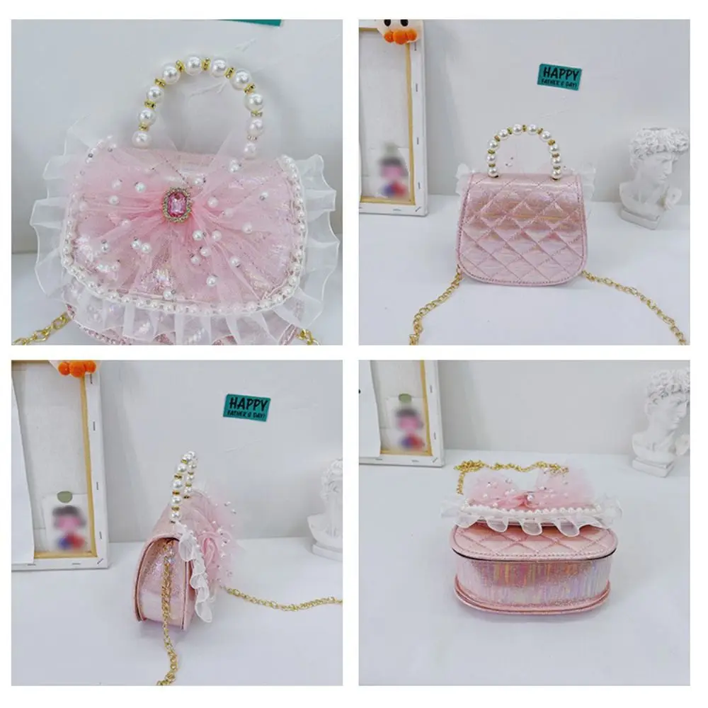 Mini sac à bandoulière avec nœud papillon pour enfants, porte-monnaie carré, sac à main pour enfants, poignée en perles, pochette princesse initiée, mode