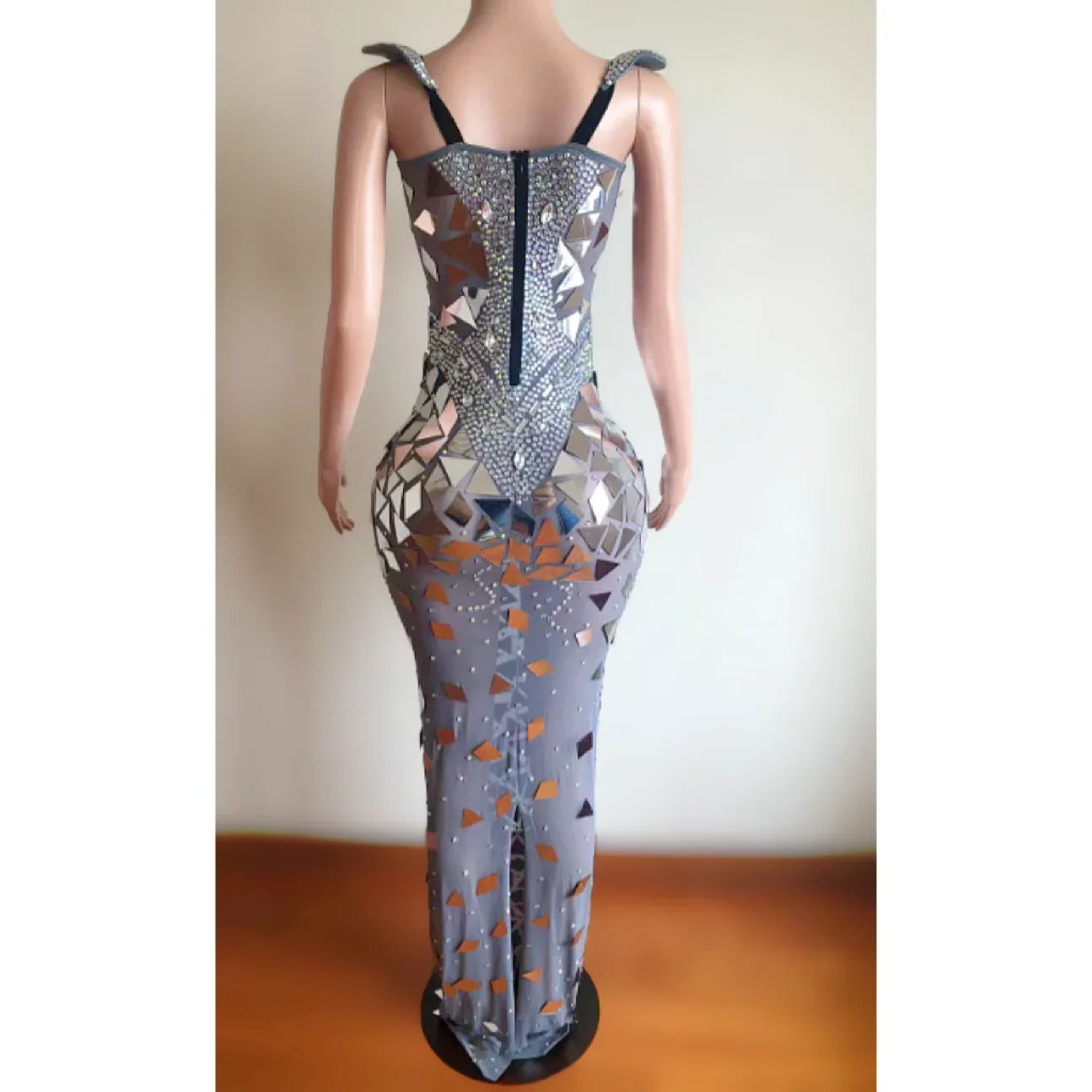 Women Long Dress Luxury Gold Silver Mirror Rhinestones Model Catwalk Singer Performance Stage Costume Birthday Celebrate Gowns