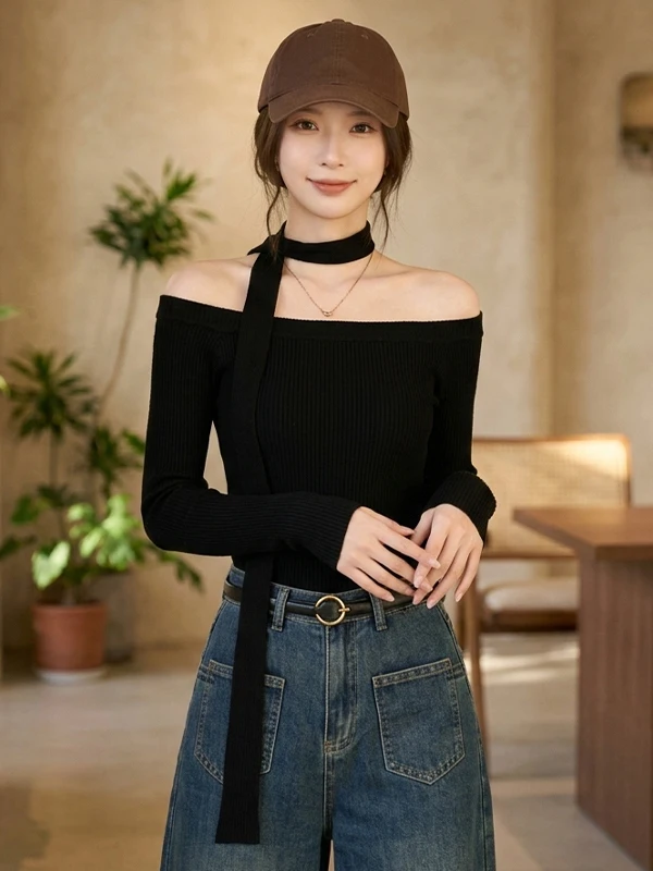 

Весна 2026: Женский облегающий топ с драпировкой на плечах и длинными рукавами, модный дизайнерский крой