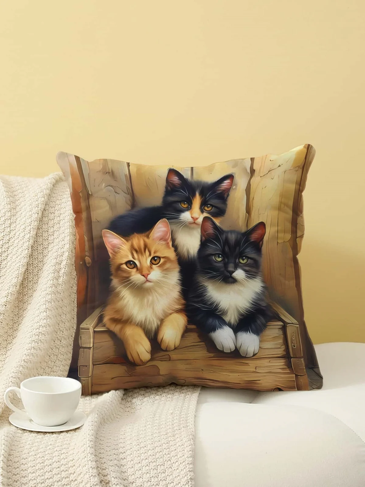 Three Kittens in Wooden Box Print Throw Pillow Cover, Cushion Case for Sofa Bedroom Living Room Couch Bed Office Chair Home Deco
