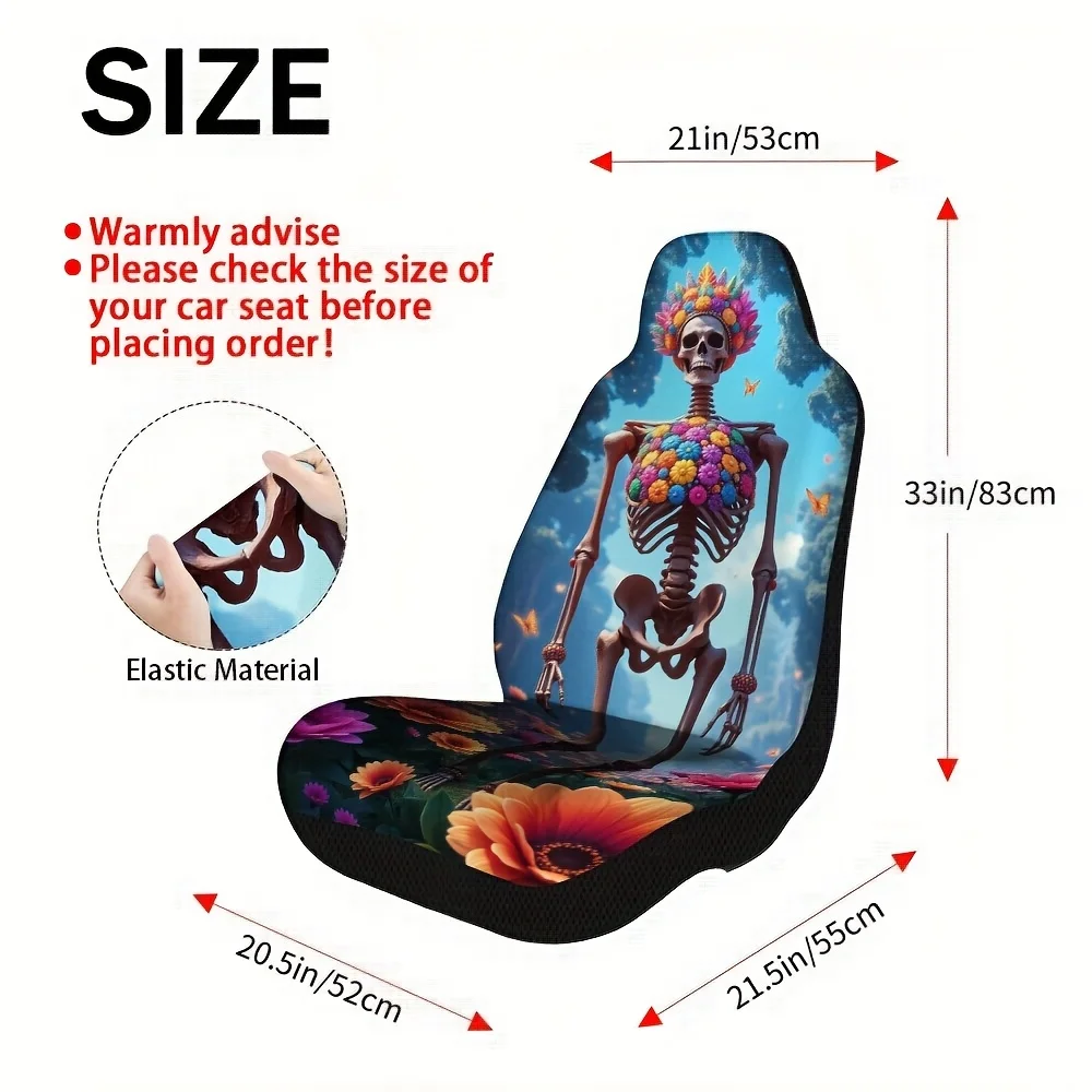 2pcs Floral Skeleton Fantasy Print Car Seat Covers | Durable, Easy To Install, Universal Fit For Front Seats, Polyester, Machine