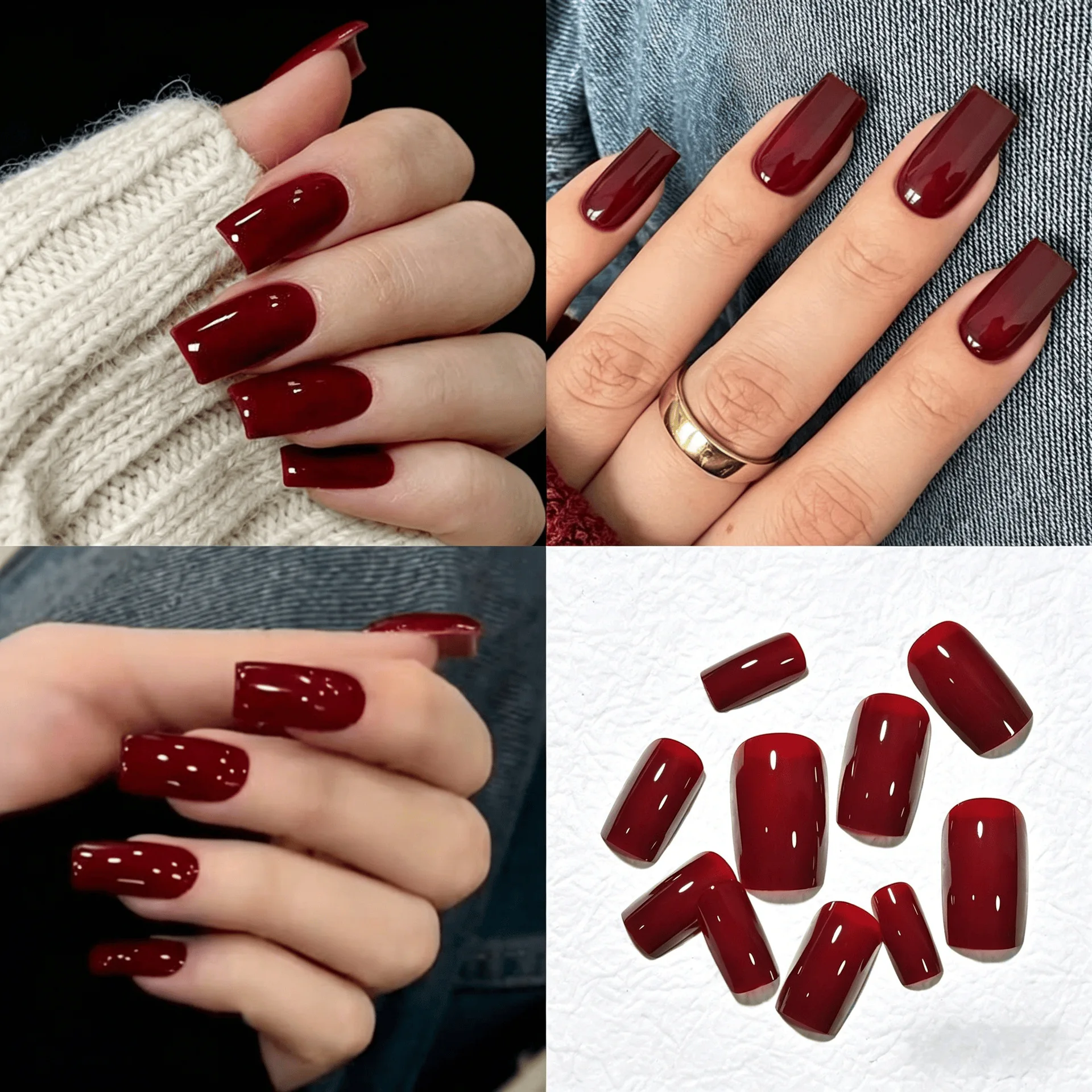 120Pcs Glossy Wine Red Medium Square Full Cover False Nail Tips Solid Color Artificial Nail Extensions For Nail Salon