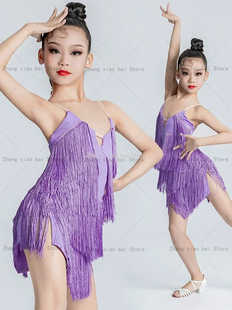 Nieuwe Kinderen Latin Dance Dress Meisjes Dance Practice Outfit Latin Dance Jurk Lange Mouw Wedstrijd Rumba Cha Samba Jurk Meisjes