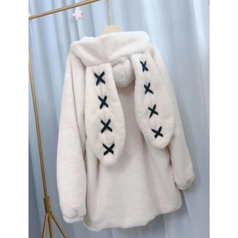 Harajuku Rabbit Ear Plush Coat For Women Winter Loose Long Sleeve Jacket Female High Street Casual Warm Hoodies Ropa Mujer