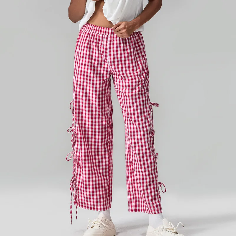 WPNAKS Women Wide-Leg Pants Spring Autumn Clothes Plaid Side Tie-Up Loose Trousers Sexy Casual Sweatpants Bottoms Woman Clothing