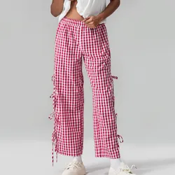 WPNAKS Women Wide-Leg Pants Spring Autumn Clothes Plaid Side Tie-Up Loose Trousers Sexy Casual Sweatpants Bottoms Woman Clothing