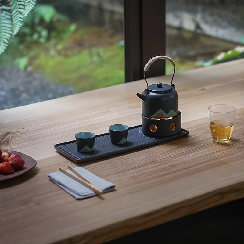 Zen Sand Garden Tea Tray Set, Ceramic Dry Brew Station with Silent Warmer & Gongfu Teapot Garden Design for Home Tea Ceremony