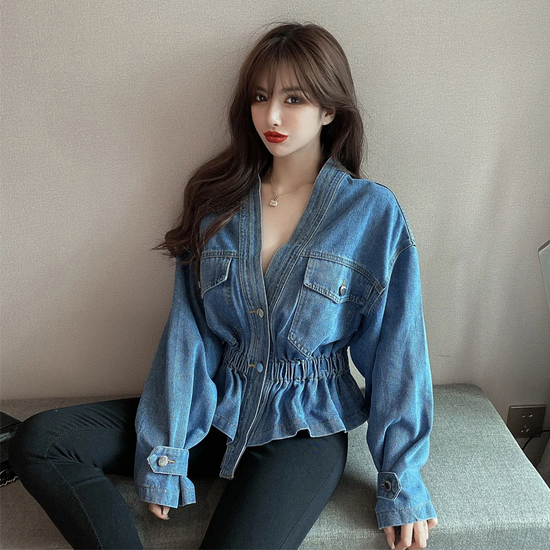 

Женская джинсовая куртка с V-образным вырезом, демисезонная Свободная куртка в Корейском стиле с бусинами и жемчужинами, 2023