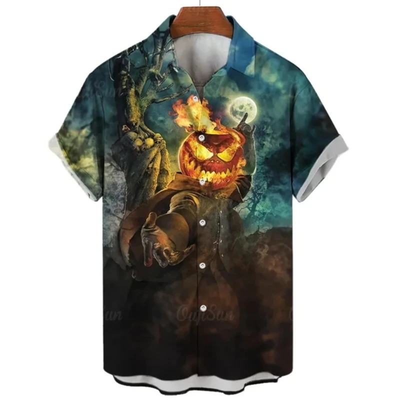 Halloween Heren Shirt Pompoen Hoofd En Spook Grafische Korte Mouw Losse Revers Knoop Down Shirts Bedrukt T-Shirt Hawaiiaanse Heren Shirts