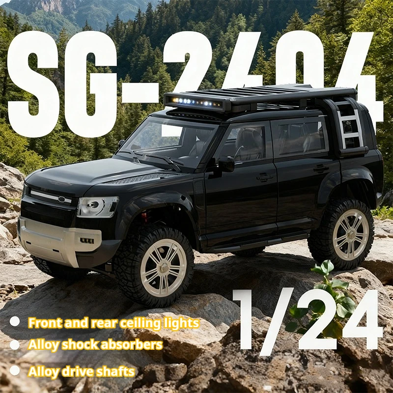 

1:24 Alloy Remote Control Car Black Land Defender Off-Road Model Metal Frame Shock Absorber With Roof Lights Model Collection
