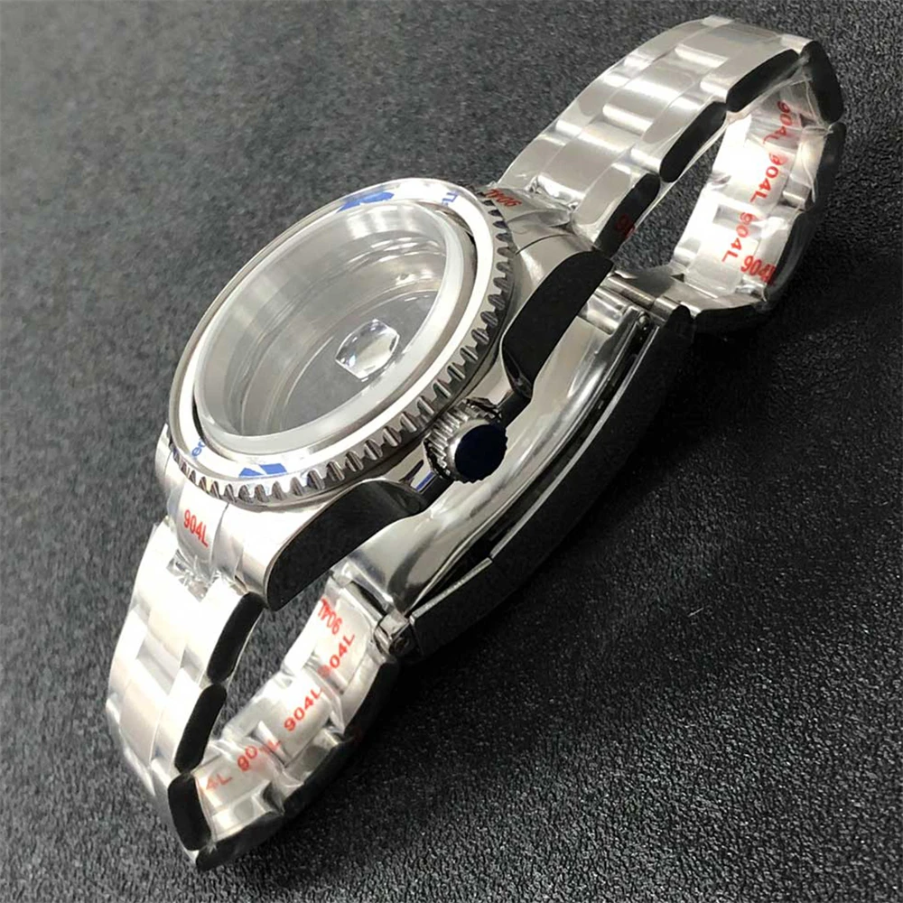 40mm Magnifier Sapphire Glass Watch Case Full Sand Watchband Set Transparent Bottom Stainless Steel Case for NH35 NH36 Movement