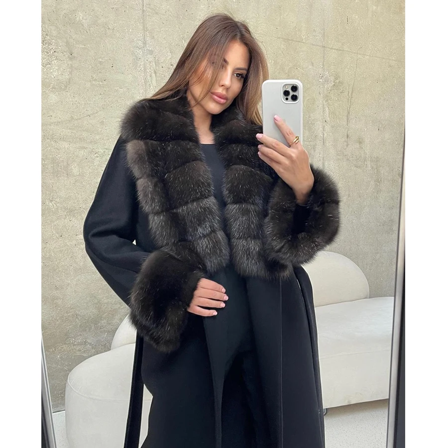 Wool Cashmere Coat Women Real Fox Fur Collar Luxury Designer Coat Natural Fur Women's Long Coat