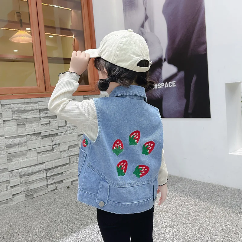 Girls Denim Vest Spring Autumn Lapel Sleeveless Children Waistcoat Cute Casual Single-Breasted Jean Outerwear