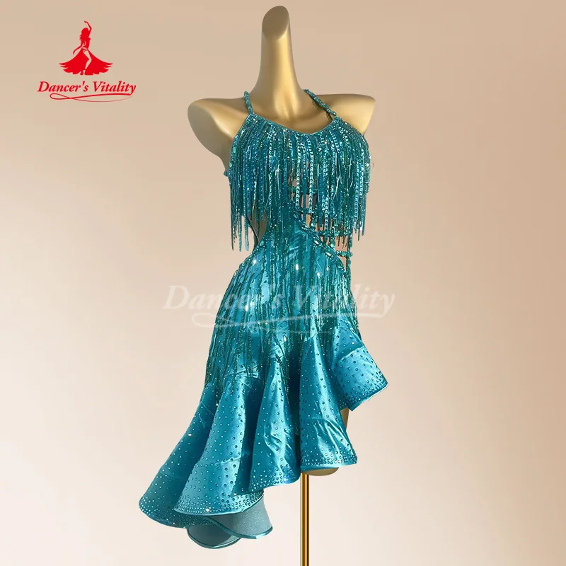 Latin Dance Senior AB Stones Fransenkleid Damen Custom Tango Samba Rumba Performance Kostüm Mädchen Latein Wettbewerbskleider