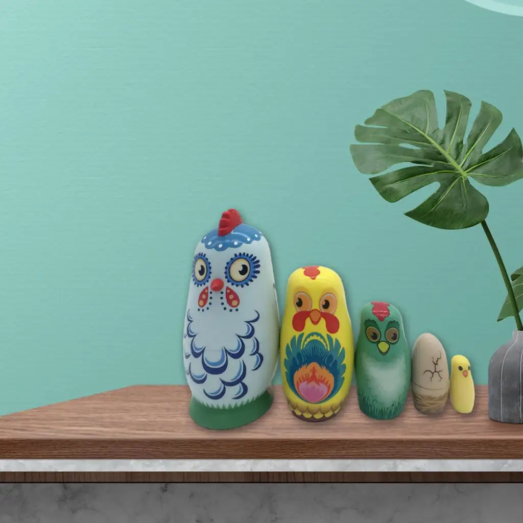 5Pcs Handmade Russian Nesting Dolls Wooden Dolls Chicken Dolls for